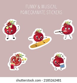 Juego de stickers personajes bonitos, fruta granada divertida con instrumentos musicales, en una tabla de surf, con un cóctel, suave, fresco. Tiempo de verano, humor de verano, vibraciones de verano. Ilustración vectorial.