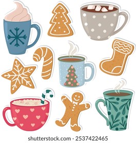 Set of stickers with cute Christmas gingerbread and drinks. Vector colorful cups and cookies