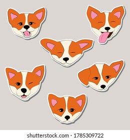 A set of stickers of cute Corgi faces.Vector illustration for icons, printing, scrapbooking, textiles and other design