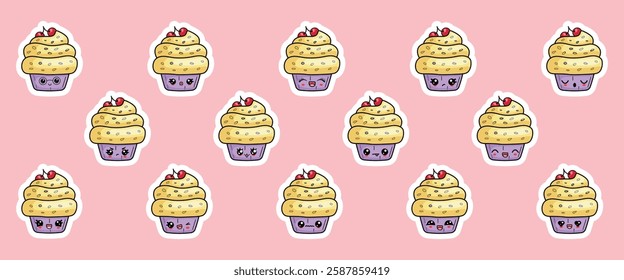 A set of stickers of cute cupcakes with different emotions in kawaii style. Vector colorful illustration of sweet dessert