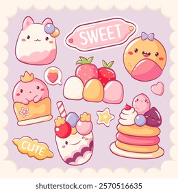 Set of stickers with cute dessert in kawaii style. Cake, muffin, cupcake with whipped cream and strawberry. Inscription Cute, Sweet. Can be used for t-shirt print, sticker, greeting card. Vector EPS8