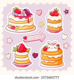 Set of stickers with cute dessert in kawaii style. Pile of pancakes with whipped cream and strawberry. Can be used for t-shirt print, sticker, greeting card. Vector illustration EPS8