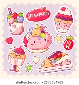 Set of stickers with cute dessert in kawaii style. Cake, muffin, cupcake with whipped cream and strawberry. Inscription Cute, Sweet. Can be used for t-shirt print, sticker, greeting card. Vector EPS8