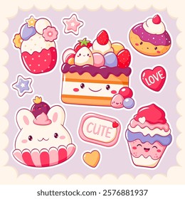 Set of stickers with cute dessert in kawaii style. Cake, muffin, cupcake with whipped cream and strawberry. Inscription Cute, Love. Can be used for t-shirt print, sticker, greeting card. Vector EPS8