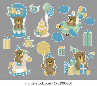 Set of stickers with cute dewy bears. Vector illustration. Holiday bears.