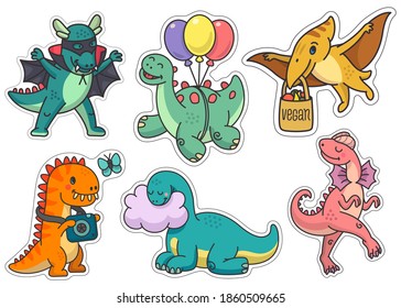 Set of stickers cute dinosaurs of different types. Vector illustrations in bright colors with fun and beautiful characters for use as stickers, design elements, children's illustrations.