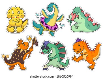 Set of stickers cute dinosaurs of different types. Vector illustrations in bright colors with fun and beautiful characters for use as stickers, design elements, children's illustrations.