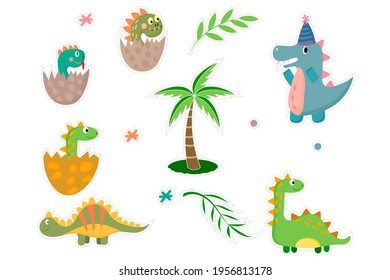 Set of stickers cute dinosaurs, dinosaur in egg, leaves and palm. Vector cartoon illustration.