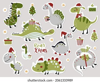 Set of stickers with cute dinosaurs. Vector illustration for greeting cards, christmas invitations and scrapbooking