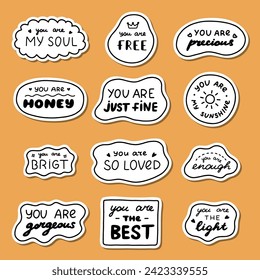 Set of stickers with cute doodle inspirational and compliment quotes for planners, notebook. Ready for print list of cute stickers. Handwritten lettering love and motivational phrases.