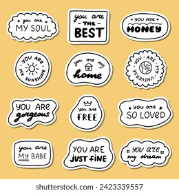 Set of stickers with cute doodle inspirational and compliment quotes for planners, notebook. Ready for print list of cute stickers. Handwritten lettering love and motivational phrases.