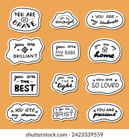 Set of stickers with cute doodle inspirational and compliment quotes for planners, notebook. Ready for print list of cute stickers. Handwritten lettering love and motivational phrases.