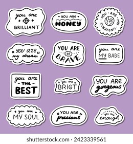 Set of stickers with cute doodle inspirational and compliment quotes for planners, notebook. Ready for print list of cute stickers. Handwritten lettering love and motivational phrases.