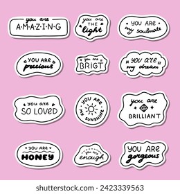 Set of stickers with cute doodle inspirational and compliment quotes for planners, notebook. Ready for print list of cute stickers. Handwritten lettering love and motivational phrases.