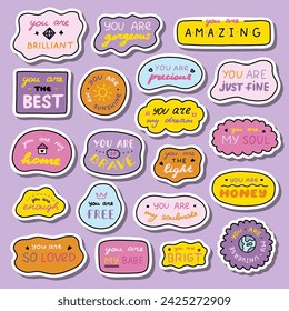 Set of stickers with cute doodle inspirational and compliment quotes for planners, notebook. Ready for print list of cute stickers. Handwritten lettering love and motivational phrases.