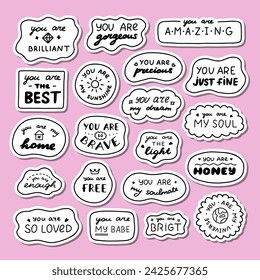 Set of stickers with cute doodle inspirational and compliment quotes for planners, notebook. Ready for print list of cute stickers. Handwritten lettering love and motivational phrases.