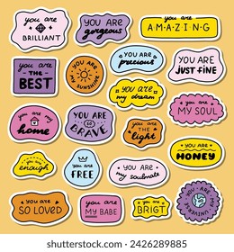 Set of stickers with cute doodle inspirational and compliment quotes for planners, notebook. Ready for print list of cute stickers. Handwritten lettering love and motivational phrases.