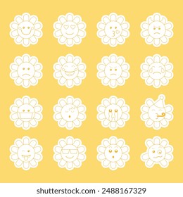 Set of stickers of cute emoticons in the form of daisies, different emotions. Vector illustration for scrapbook design, postcards, flyers, stickers, posters.