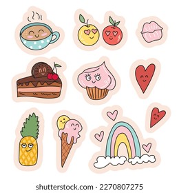Set of stickers with cute food with anthropomorphic faces. Mug of cappuccino, apples, hearts, rainbow, piece of cake, ice cream, muffin, pineapple, lips. Collection of kawaii sweets