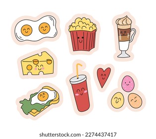 Set of stickers with cute food with anthropomorphic faces. Fried eggs, latte, popcorn, soda, eggs benedict, cheese, heart. Collection of kawaii breakfast food