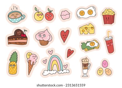 Set of stickers with cute food with anthropomorphic faces. Cappuccino, heart, rainbow, cake, ice cream, muffin, lips, pineapple, latte, popcorn, eggs benedict, cheese. Groovy sweets and breakfast food