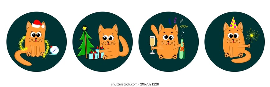 A set of stickers with cute funny cats celebrating new year and christmas, in cartoon style. The cat plays with tinsel, drinks champagne, receives gifts under christmas tree and lights sparklers