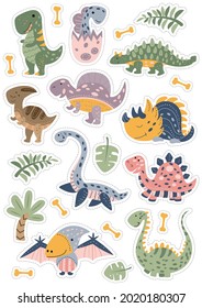 A set of stickers of cute funny dinosaurs in the Scandinavian style. Jurassic animals. printable template for kids labels. Isolated objects on the white background.