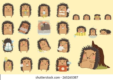 Set of stickers with cute and funny hedgehog. Hedgehog help you express your feelings