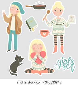 A set of stickers with a cute girl. Different emotions. Stickers cat book, a frying pan, a mug of coffee.
