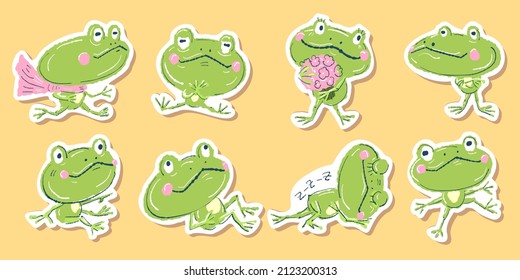 A set of stickers with cute green frogs isolated on a background, Vector illustration