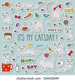 Set of stickers: cute grey cats, cat food, accessories, messages "cat", "meow" etc. Doodle vector illustration.
