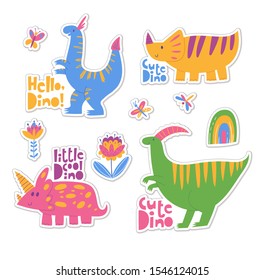 Set of stickers with cute happy dinosaurs and lettering. Good for kids room decoration and any print, letters, cards. 