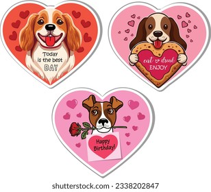 Conjunto de stickers con perros adorables y felices hechos al estilo de dibujos animados planos. Pegatinas con forma de corazón. Perfecto para logotipo, impresión y otros proyectos.