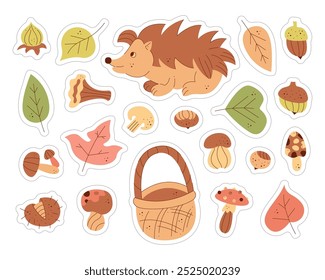 Un conjunto de pegatinas con un erizo lindo, setas, nueces y hojas. Ilustración vectorial plana de color.