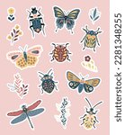 Set of stickers cute insects and flowers. Separated elements in vectoriel for pattern or decoration. Full of colors and ornaments.