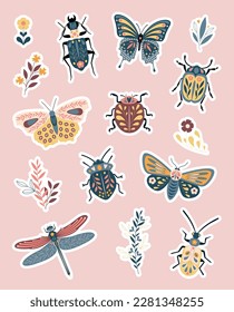 Set of stickers cute insects and flowers. Separated elements in vectoriel for pattern or decoration. Full of colors and ornaments.