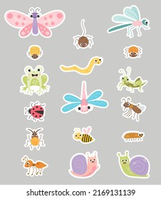 Set of stickers of cute insects. Funny decorative characters of snail, beetle, dragonfly and butterfly, bee and ant, spider and grasshopper. Vector illustration. isolated element