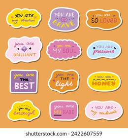 Set of stickers with cute inspirational and compliment quotes for planners, notebooks. Ready for print list of cute stickers. Handwritten lettering love and motivational phrases.