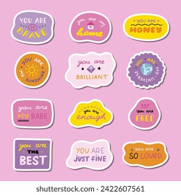 Set of stickers with cute inspirational and compliment quotes for planners, notebooks. Ready for print list of cute stickers. Handwritten lettering love and motivational phrases.