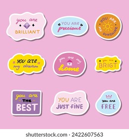 Set of stickers with cute inspirational and compliment quotes for planners, notebooks. Ready for print list of cute stickers. Handwritten lettering love and motivational phrases.