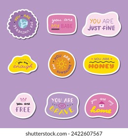 Set of stickers with cute inspirational and compliment quotes for planners, notebooks. Ready for print list of cute stickers. Handwritten lettering love and motivational phrases.