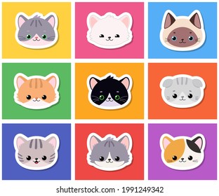 Set of stickers of cute kawaii cat faces on colorful background. Cartoon flat style. Vector illustration