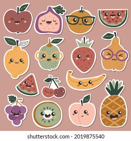 Juego de stickers con lindos frutos kawaii. Ilustración vectorial para el diseño de planificadores, portátiles y más