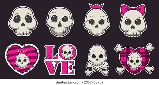 Set of stickers of cute kawaii skulls. Skull with bow, skull with crown, emo skulls. Vector illustration