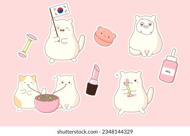 set of stickers cute korean cat and cosmetics