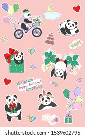 Set stickers of cute little panda in different poses, vector clipart