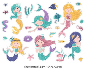 Set of stickers with cute mermaids and sea nature.