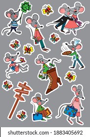 A set of stickers with cute mice. Colored vector. Mouse, shoe, pizza, travel, dance. Activities. 