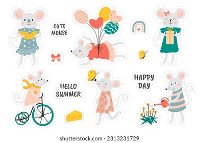 Set of stickers with cute mice. Vector mouse. Mouse flying on balloons, watering flowers, eating cheese. Cartoon gray mouse in a beautiful dress. Isolated background. Kids sticker. 
