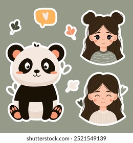 Set of stickers with cute panda and girls. Funny bear, chat icon, cartoon girls. Flat illustration.